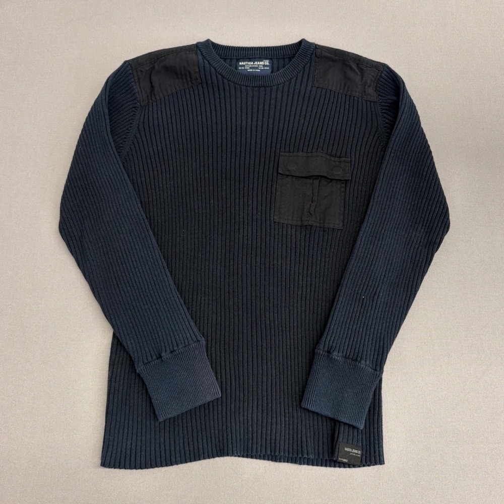 Nautica Jeans Co Mens Navy Ribbed Knit Military Sweater Patch Pocket Large